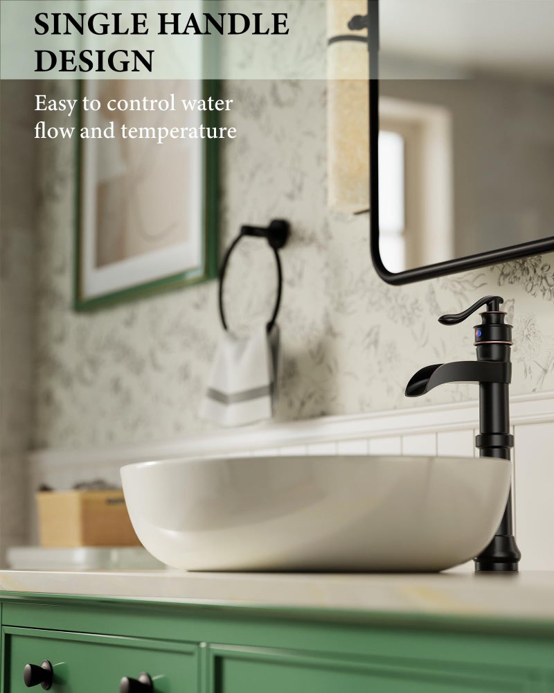 Homevacious Oil Rubbed Bronze Waterfall Vessel Sink Tall Black Single Handle Bath Basin Farmhouse with Pop Up Drain Assembly Lavatory One Hole Mixer Tap Without Overflow - Image 5